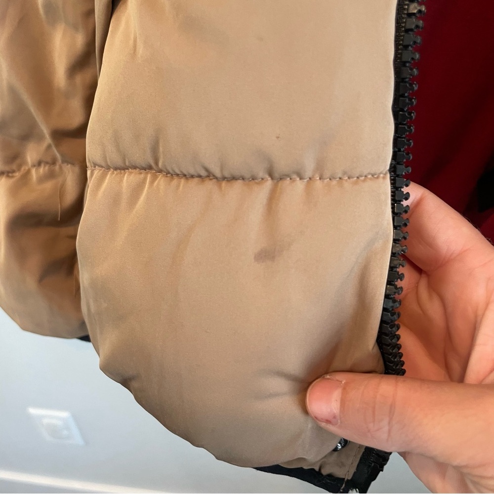 Urban Outfitters Tan Cropped Puffer Jacket Hidden Hood Quilted Coat Large - Picture 8 of 13